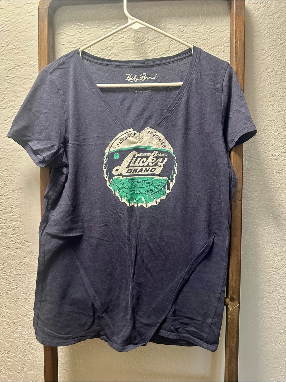 Lucky Brand Navy V-Neck Tee with Green & Cream Graphic